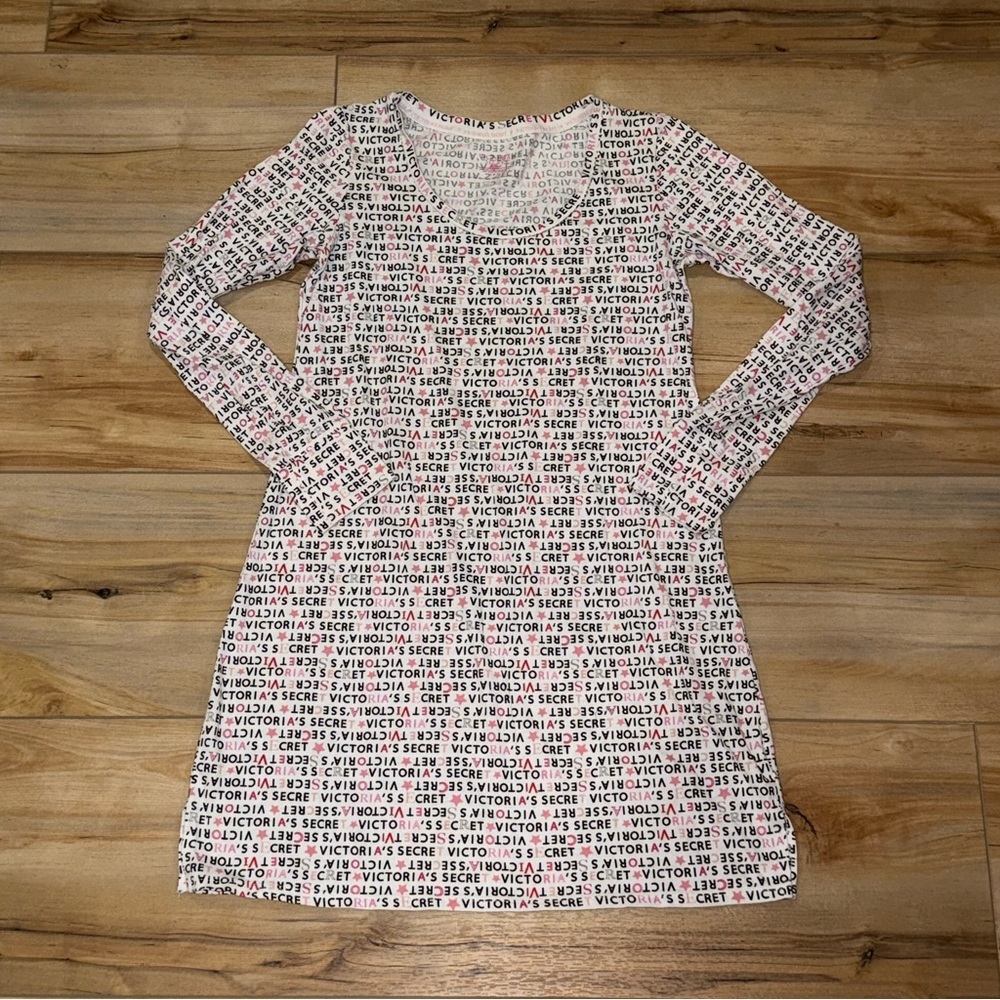 Victoria's Secret White Pink Black Logo Pajama Dress XS Long Sleeve Dress